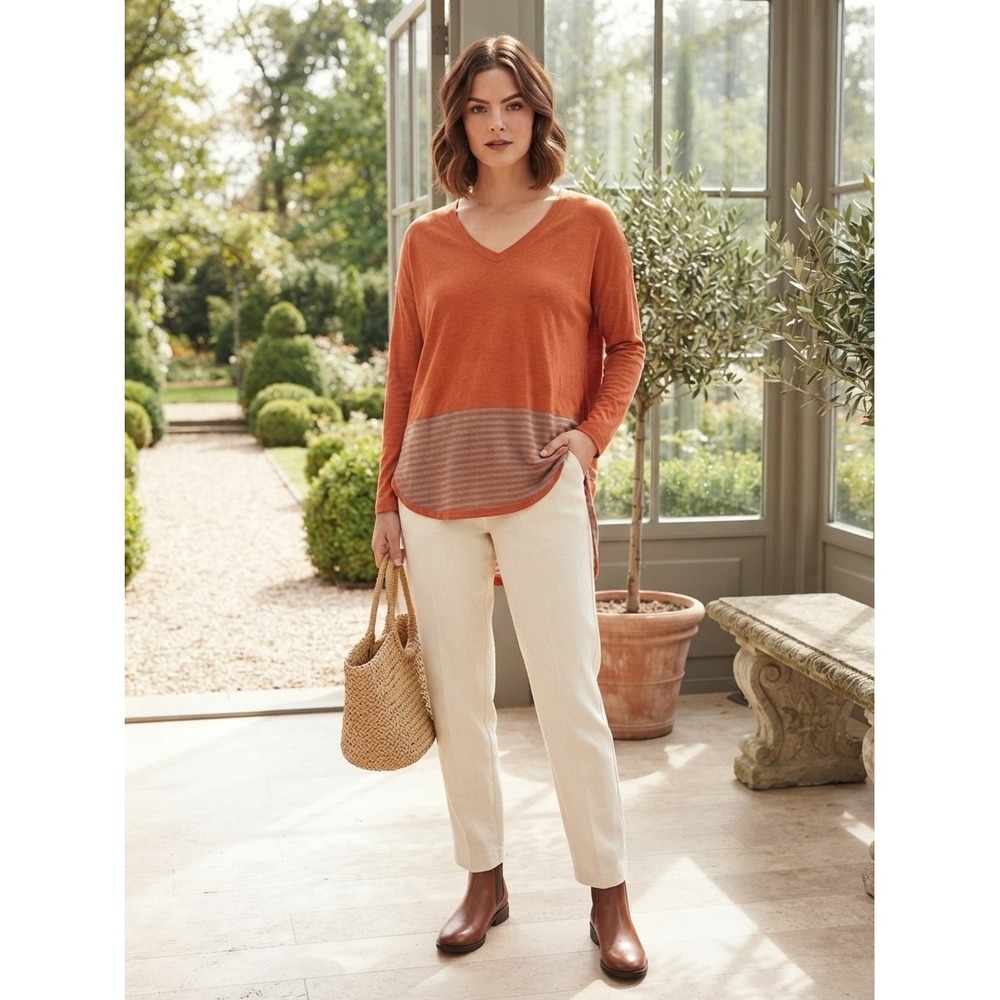 Cabi 4190 V-Neck Long Sleeve Tee Burnt Orange Striped Hem Oversized Small